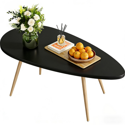 Oval Black Top Coffee Table with Wooden Legs