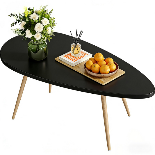 Oval Black Top Coffee Table with Wooden Legs