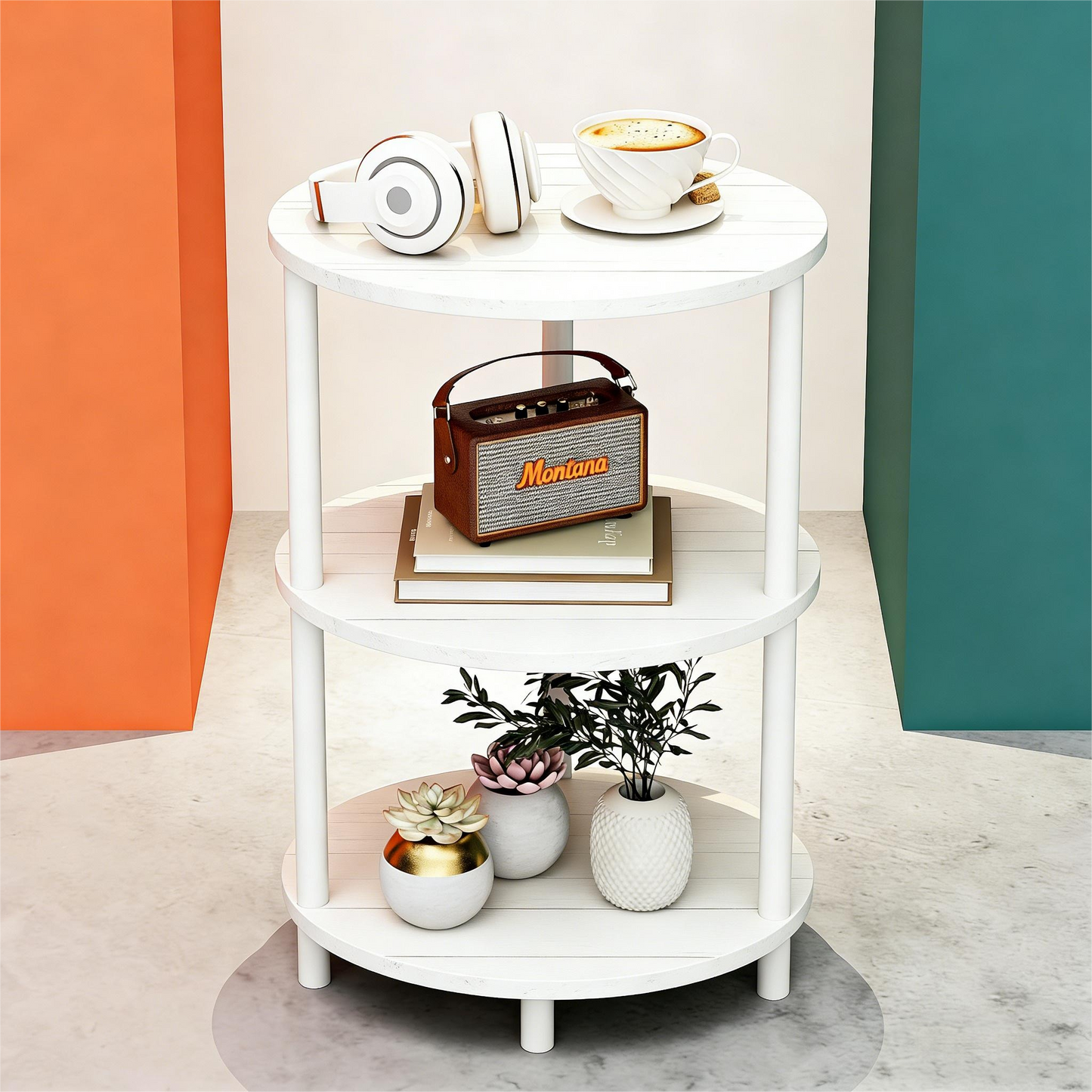 3-Tier White Round Side Storage Table