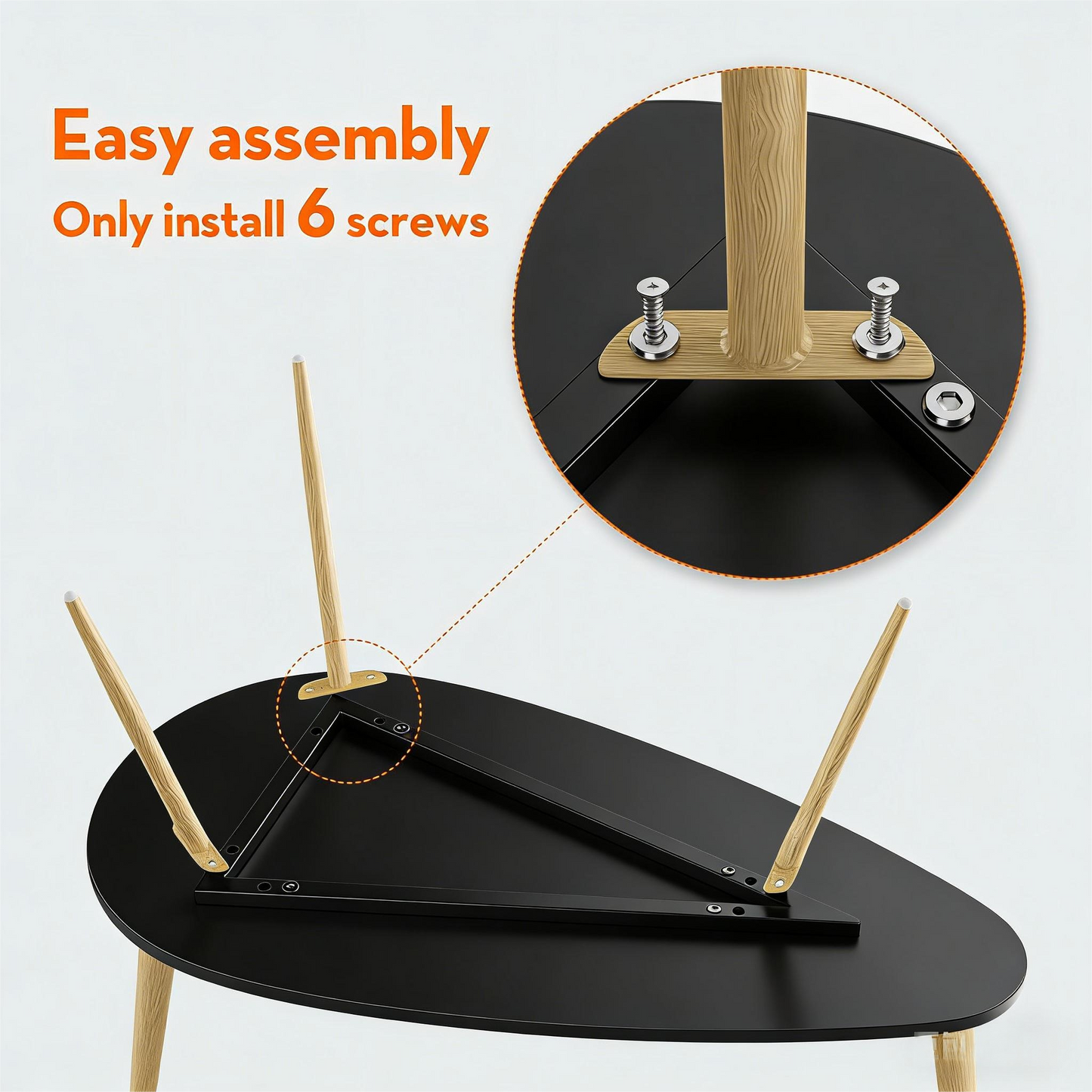 Oval Black Top Coffee Table with Wooden Legs