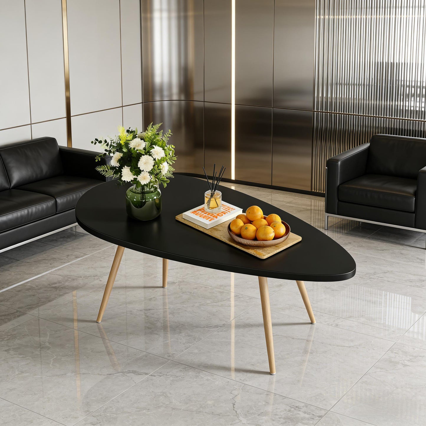 Oval Black Top Coffee Table with Wooden Legs