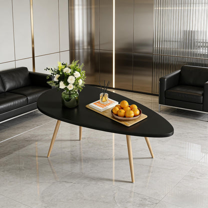 Oval Black Top Coffee Table with Wooden Legs