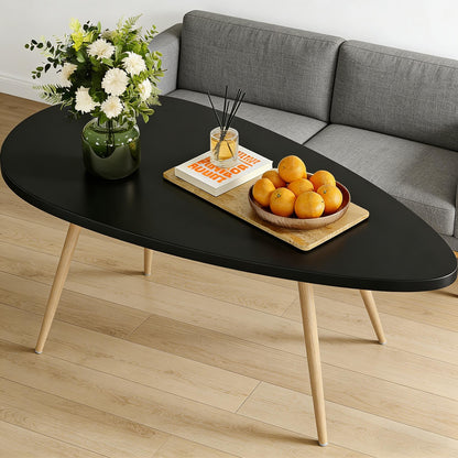 Oval Black Top Coffee Table with Wooden Legs