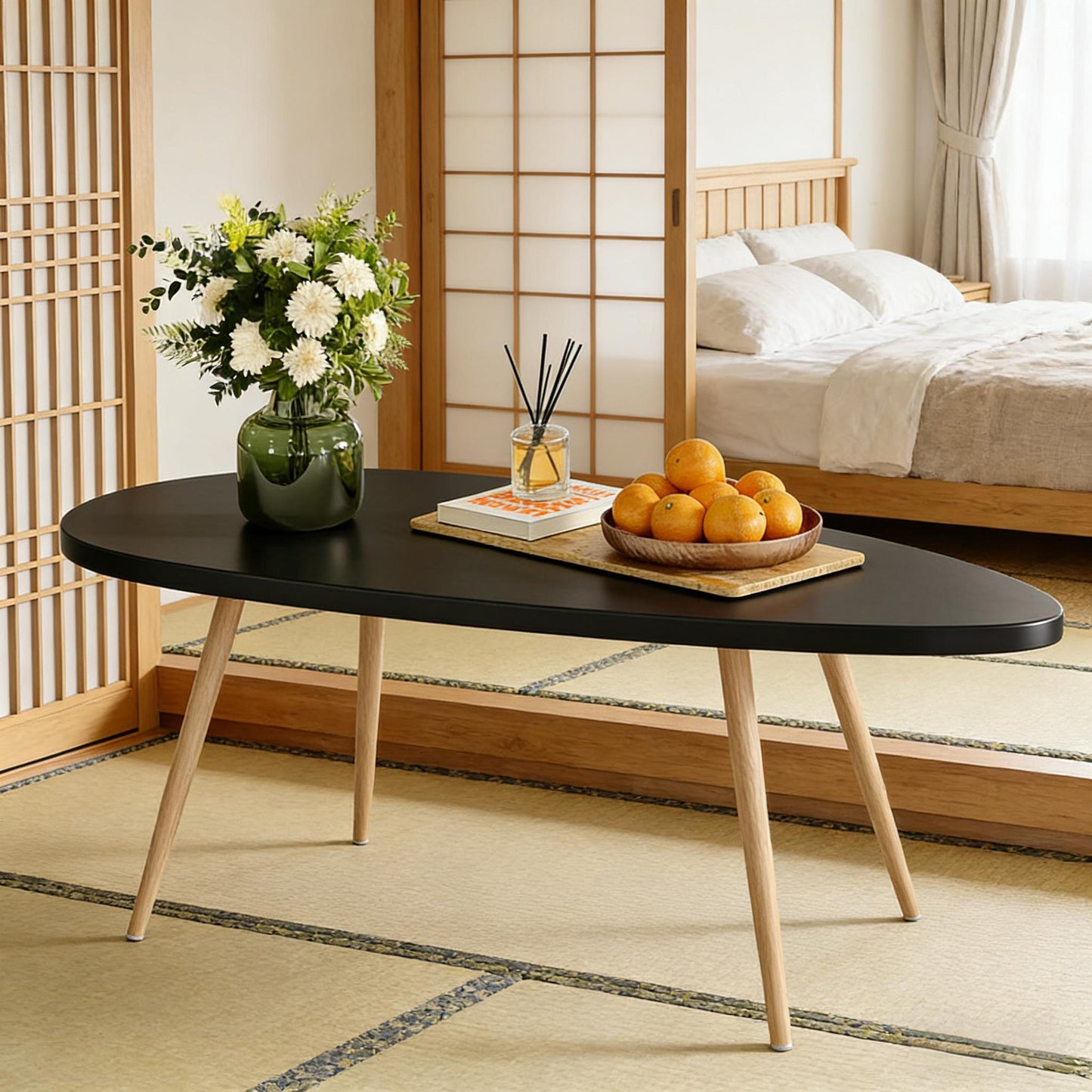 Oval Black Top Coffee Table with Wooden Legs