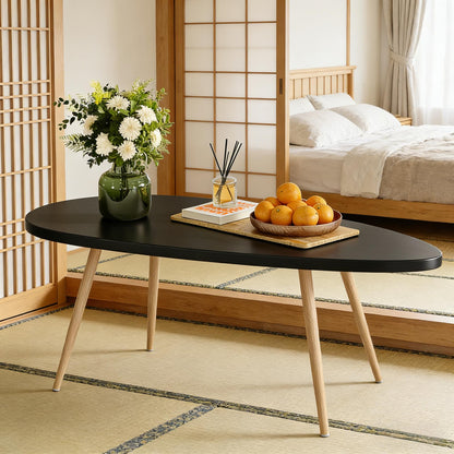 Oval Black Top Coffee Table with Wooden Legs